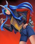  1girl bag belt blue_hair blue_shorts cacodemon commentary cropped_jacket cyclops demon_girl doom_(series) gradient gradient_background green_eyes hand_on_hip highres horns jacket light_smile long_hair long_sleeves multiple_horns one-eyed open_clothes open_jacket personification pointy_ears scales shorts sidelocks simple_background solo substance20 