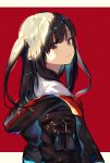  1girl arknights bangs black_hair black_jacket closed_mouth closure_(arknights) driftingtiger eyebrows_visible_through_hair from_side highres jacket long_hair looking_at_viewer looking_to_the_side off_shoulder one_side_up open_clothes open_jacket pointy_ears red_background red_eyes shirt simple_background solo upper_body white_shirt 