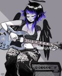  1girl amplifier black_hair black_pants black_wings bracelet breasts cleavage closed_eyes collarbone colored_tips english_commentary grey_background guitar halo highres instrument jewelry kaina_(megrocks) large_breasts megrocks midriff mole mole_on_breast multicolored_hair navel original pants purple_hair short_hair solo torn_clothes torn_pants wings 