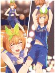  ^_^ absurdres arms_up bangs basketball basketball_uniform blue_shirt blue_shorts blunt_bangs border bow bow_hairband closed_eyes go-toubun_no_hanayome green_bow green_hairband hair_bow hairband highres midriff nakano_yotsuba navel open_mouth orange_hair shiny shiny_hair shirt shoes short_hair shorts sleeveless sleeveless_shirt sneakers sportswear stomach sweat white_border white_footwear wristband yuki_yuxtuke 