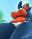  anthro big_breasts bodily_fluids breasts clothed clothing creatiffy female garchomp hi_res multicolored_body nintendo nipples pok&eacute;mon pok&eacute;mon_(species) solo sweat topless video_games 