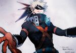  1boy bakugou_katsuki belt blonde_hair boku_no_hero_academia cho_mo_futoshi foreshortening gloves grin highres looking_at_viewer male_focus mask orange_gloves red_eyes skin_tight smile solo spiked_hair teeth white_background 