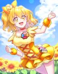  1girl artist_name bag blonde_hair blue_sky breasts choker cloud cowboy_shot cure_pine day dress earrings eyebrows_visible_through_hair flower fresh_precure! frills hair_between_eyes hair_ornament heart heart_earrings heart_hair_ornament highres jewelry looking_at_viewer magical_girl medium_breasts medium_hair open_mouth orange_choker outdoors precure short_sleeves side_ponytail sky smile solo sunflower towohuya yamabuki_inori yellow_dress yellow_eyes 