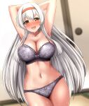  1girl absurdres armpits arms_behind_head arms_up bangs blurry blurry_background blush bra breasts brown_eyes cleavage collarbone commentary_request cowboy_shot eyebrows_visible_through_hair hair_between_eyes hairband highres indoors kantai_collection large_breasts long_hair looking_at_viewer navel open_mouth orange_hairband panties purple_bra purple_panties shoukaku_(kancolle) silver_hair solo sweat underwear zanntetu 