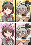  2girls absurdres ahegao bangs bea_(pokemon) black_bodysuit black_hairband blush bodysuit bodysuit_under_clothes brown_hair cardigan cum dakkoku_jiro dark-skinned_female dark_skin gloria_(pokemon) green_headwear grey_cardigan grey_hair hair_between_eyes hairband hat highres implied_futanari implied_sex long_sleeves multiple_girls open_mouth pokemon pokemon_(game) pokemon_swsh short_hair short_sleeves suggestive_fluid tam_o&#039;_shanter 