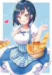  1girl absurdres alternate_breast_size apron baguette basket blue_apron blue_background blue_bow blue_bowtie blue_hair blue_skirt border bow bowtie bread breasts checkered_apron cowboy_shot delicious_party_precure employee_uniform eyebrows_visible_through_hair food fuwa_kokone gingham gingham_apron green_eyes hair_between_eyes high-waist_skirt highres kobeya kobeya_uniform kome-kome_(precure) medium_breasts open_mouth pam-pam_(precure) plaid plaid_apron pleated_shirt precure short_hair short_sleeves shuu_(mniarnoakou) skirt uniform waitress white_border 