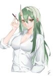  1girl alternate_costume arknights bangs breasts cigarette cleavage closed_mouth collarbone collared_shirt crying_eye dress_shirt green_hair hair_between_eyes highres holding holding_cigarette horns hoshiguma_(arknights) long_hair long_sleeves looking_at_viewer medium_breasts oni_horns shirt simple_background single_horn skin-covered_horns upper_body very_long_hair white_background white_shirt yellow_eyes 
