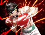  1boy artist_name black_background black_hair boxing boxing_gloves gradient gradient_background green_pupils hajime_no_ippo hand_up head_tilt incoming_attack incoming_punch jin_akhr lightning male_focus miyata_ichirou motion_lines muscular muscular_male open_mouth outstretched_arm punching red_background short_hair shorts solo upper_body 