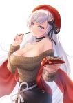  1girl azur_lane bangs belfast_(azur_lane) belfast_(shopping_with_the_head_maid)_(azur_lane) beret black_bow black_choker black_skirt blue_eyes blush bow breasts brown_sweater choker cleavage closed_mouth collarbone commentary_request cowboy_shot earrings eyebrows_visible_through_hair fingernails food hair_bow hat highres holding holding_food hoop_earrings jewelry large_breasts long_fingernails long_sleeves nail_polish off-shoulder_sweater off_shoulder official_alternate_costume pocky pov red_headwear red_nails sebu_illust shawl simple_background skirt smile solo sweater white_background 