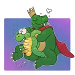  1:1 abdominal_bulge absurd_res anal anal_penetration anthro argon_vile balls big_balls bodily_fluids breath cape cheek_bulge claws clothing croc croc:_legend_of_the_gobbos crocodile crocodilian crocodylid crown digital_media_(artwork) donkey_kong_(series) duo erection eyes_closed fangs full_nelson genital_fluids genitals hi_res humanoid_genitalia humanoid_penis king_k._rool kremling male male/male male_penetrated male_penetrating male_penetrating_male nintendo nude open_mouth penetration penis precum reptile scalie sex sharp_teeth size_difference sweat teeth tongue video_games worried 