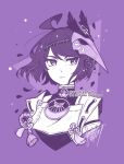  1girl ahoge bangs bob_cut breast_curtain closed_mouth commentary detached_sleeves english_commentary expressionless genshin_impact knot kujou_sara looking_to_the_side mask mask_on_head monochrome purple_theme sandragh short_hair sidelocks solo tassel twitter_username upper_body 