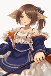  1girl :d animal_ears arknights bangs bare_shoulders blue_bow blue_dress blush bow breasts brown_eyes brown_hair collarbone cowboy_shot dress eyebrows_visible_through_hair flower flower_trim fox_ears hair_bow holding holding_staff layered_dress long_hair long_sleeves looking_at_viewer nanatsuka open_mouth outstretched_arm perfumer_(arknights) ponytail rose simple_background small_breasts smile solo staff swept_bangs white_background white_dress white_flower white_rose 