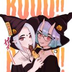  black_shirt bug choker datli64 earrings facial_mark fang food forehead_mark glasses gradient_hair halloween_costume hat horns jewelry moth multicolored_hair original pointy_ears popsicle pumpkin purple_hair red_eyes shirt tattoo white_hair witch_hat 