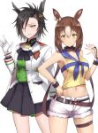  2girls air_shakur_(umamusume) animal_ears bangs bare_arms bare_shoulders black_hair black_skirt breasts brown_hair clenched_teeth commentary_request cowboy_shot crop_top eyebrows_visible_through_hair fine_motion_(umamusume) gloves green_shirt hair_between_eyes hand_up horse_ears jacket long_sleeves looking_at_viewer medium_breasts midriff miniskirt multiple_girls navel open_fly pleated_skirt shirt short_hair short_shorts shorts sideboob simple_background skirt sleeveless sleeveless_shirt standing stomach teeth thigh_strap thighs umamusume white_background white_gloves white_jacket white_shorts yellow_eyes yellow_shirt yuzuruka_(bougainvillea) 