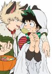  2boys animal_ears arm_around_shoulder bakugou_katsuki bandaged_arm bandages blonde_hair boku_no_hero_academia candy coat collar food freckles ghost_costume green_coat green_eyes green_hair halloween_bucket halloween_costume highres holding holding_candy holding_food holding_lollipop lollipop looking_at_another male_focus midoriya_izuku multiple_boys no_control own_hands_clasped own_hands_together patch red_collar red_eyes scar scar_on_arm scar_on_hand scared simple_background spiked_hair sweatdrop teeth tongue werewolf_costume white_background wolf_ears 