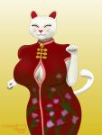  absurd_res anthro asian_clothing big_breasts breasts chinese_clothing chinese_dress cleavage_cutout clothed clothing collar curvy_figure domestic_cat dress east_asian_clothing eyelashes felid feline felis female floral_print fur hi_res mammal maneki-neko nails paw_pose pose sharp_nails slightly_chubby smile solo voluptuous whiskers white_body white_fur wonderofuwu 