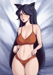  1girl ahri_(league_of_legends) animal_ears artist_name bare_arms bare_shoulders black_hair bra breasts cleavage collarbone commentary cowboy_shot facial_mark forehead fox_ears fox_girl hair_between_eyes highres kitsune large_breasts league_of_legends long_hair looking_at_viewer midriff navel orange_bra orange_panties panties parted_lips red_lips satelyte_art solo thigh_gap underwear whisker_markings yellow_eyes 