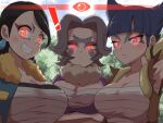  ! 3girls bangs black_hair blunt_bangs blush breasts charm_(pokemon) cleavage closed_mouth cloud clover_(pokemon) coin_(pokemon) commentary_request day eyelashes facial_tattoo glowing glowing_eyes grin jacket kurachi_mizuki large_breasts long_hair looking_at_viewer multiple_girls open_clothes open_jacket orange_eyes outdoors pokemon pokemon_(game) pokemon_legends:_arceus sarashi sky smile sweatdrop tattoo teeth twintails 