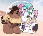  &lt;3 absurd_res amycow anthro big_breasts bikini bovid bovine breasts cattle chubby_female clothing colorful diana_(ninasaurio) duo female fur hair hair_over_eyes hi_res looking_at_viewer lotty_(charliecorvinus) mammal multicolored_body multicolored_fur multicolored_hair swimwear twintails_(hairstyle) 
