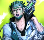  1boy cioccolata doctor earrings facepaint facial_mark green_eyes green_hair gun highres hospital_0434 jewelry jojo_no_kimyou_na_bouken labcoat lipstick makeup male_focus mask mask_pull medical_scrubs mouth_mask purple_lips solo stethoscope surgical_mask weapon 