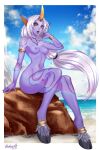  absurd_res areola beach breasts butt female hair hi_res hooves horn horned_humanoid humanoid humanoid_pointy_ears jewelry league_of_legends long_hair midriff navel nipples nude on_rock open_mouth ponytail purple_body purple_nipples purple_skin riot_games sea seaside sitting small_waist solo soraka tattoo velvetqueenh video_games water white_hair wide_hips yellow_eyes 