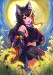  1girl animal_ear_fluff animal_ears bangs bell black_hair blush breasts eyebrows_visible_through_hair hair_between_eyes hair_ornament hairclip highres hololive hololive_gamers long_hair looking_at_viewer meadow mihaeru moon multicolored_hair night night_sky ookami_mio open_mouth red_hair sky smile streaked_hair tail thighs virtual_youtuber wolf_ears wolf_girl wolf_tail yellow_eyes 