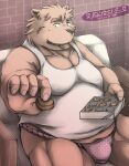  2017 anthro asian_clothing belly big_belly brown_body brown_fur candy chocolate clothing dessert detailed_background east_asian_clothing food fundoshi fur holidays humanoid_hands japanese_clothing japanese_text kemono male mammal moobs overweight overweight_male red_clothing red_fundoshi red_underwear sitting solo text underwear ursid valentine&#039;s_day zen_(kemono_artist) 