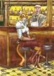  anthro barman bartender duo felid female hi_res human machairodontine male male/female mammal melee_weapon n2o sabertoothed_cat steampunk sword weapon 