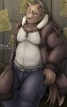  2017 anthro belly biped bottomwear brown_body brown_fur canid canine canis clothing detailed_background domestic_dog fur humanoid_hands kemono male mammal pants shirt solo topwear zen_(kemono_artist) 