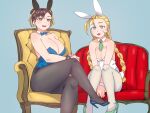  2girls alternate_costume animal_ears blue_background breasts cammy_white capcom chun-li highres korean_commentary large_breasts leotard looking_at_viewer multiple_girls open_mouth playboy_bunny rabbit_ears sexybeam sitting small_breasts street_fighter 