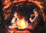  2boys blanket campfire camping cave eating fire ging_freecss grilling hat highres hunter_x_hunter kite_(hunter_x_hunter) long_hair luclu03 male_focus multiple_boys 