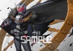  1boy 2018 armor black_cape breastplate cape chain clock cowboy_shot driver_(kamen_rider) full_body gold_chain heisei holding holding_cape holding_clothes jiuri_jiuhao kamen_rider kamen_rider_zi-o kamen_rider_zi-o_(series) male_focus sample_watermark tokusatsu watch wristwatch ziku_driver 