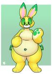  anthro belly big_belly digitigrade female foamytail freckles green_body green_eyes green_freckles green_nose hand_on_stomach handles_on_hips hi_res inflatable lagomorph leporid long_ears mammal navel_nozzle nozzle pawpads pool_toy rabbit simple_background smile solo thick_thighs worried yellow_body 
