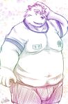  2017 anthro belly big_belly bottomwear bulge canid canine canis clothing domestic_dog humanoid_hands kemono male mammal moobs overweight overweight_male shirt shorts solo topwear zen_(kemono_artist) 