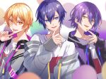  3boys :p balloon blonde_hair blue_eyes hand_up jacket kaito_(vocaloid) kamishiro_rui male_focus multiple_boys orange_eyes poppoman project_sekai purple_hair smile tenma_tsukasa tongue tongue_out vocaloid yellow_eyes 