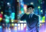  1boy black_hair brown_eyes city city_lights fence formal ging_freecss holding holding_phone hunter_x_hunter luclu03 male_focus night open_mouth phone solo suit talking_on_phone 