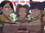  ! 3girls bangs black_hair blunt_bangs blush breasts charm_(pokemon) cleavage closed_mouth cloud clover_(pokemon) coin_(pokemon) commentary_request day eyelashes glowing glowing_eyes grin jacket kurachi_mizuki large_breasts long_hair looking_at_viewer multiple_girls open_clothes open_jacket orange_eyes outdoors pokemon pokemon_(game) pokemon_legends:_arceus sarashi sky smile sweatdrop teeth twintails 