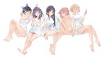  5girls barefoot black_hair blonde_hair blue_eyes blue_hair blue_hairband braid breasts cellphone closed_mouth feet hairband highres holding holding_phone kanojo_okarishimasu legs long_hair looking_at_viewer medium_breasts mizuhara_chizuru multicolored_hair multiple_girls nanami_mami one_eye_closed open_mouth patreon_username phone red_eyes red_hair sakurasawa_sumi sarashina_ruka shirt short_hair simple_background single_braid sitting smile sydus t-shirt two-tone_hair white_background white_shirt yaemori_mini 