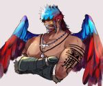  1boy absurdres alternate_hair_color arm_tattoo bara beard blue_eyes blue_hair blue_wings braid cropped_torso crossed_arms dark-skinned_male dark_skin facial_hair feathered_wings final_fantasy final_fantasy_xiv headband highres jewelry large_pectorals long_hair looking_to_the_side lyon_rem_helsos male_focus mature_male multicolored_hair muscular muscular_male mustache necklace nipples old old_man pectorals red_hair red_wings ry_mangdung solo split-color_hair tattoo tooth_necklace topless_male two-tone_hair white_hair wings 