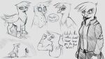  2021 anthro anthrofied avian beak blush bodily_fluids bottomwear clothing english_text eyelashes feathered_wings feathers female feral fist friendship_is_magic gilda_(mlp) gryphon hasbro hi_res hitsuji jacket looking_at_viewer monochrome muscular muscular_female my_little_pony mythological_avian mythology open_mouth pants shirt sitting sketch smile sweat text topwear tuft wings 