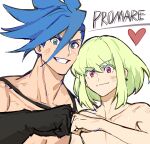 2boys androgynous black_gloves blue_eyes blue_hair collarbone copyright_name eyebrows_visible_through_hair fist_bump galo_thymos gloves green_eyes grin hanezo heart lio_fotia looking_at_viewer male_focus multiple_boys promare purple_eyes short_hair sidecut sidelocks simple_background smile spiked_hair topless_male white_background 