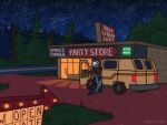  4:3 arrow convenience_store creature_sp detailed_background english_text evergreen_tree female feral fish fish_tail forest grass hi_res lights marine medium_truck night opening_door pine_tree plant powerlines road rural shrub sign star text tree truck_(vehicle) van vehicle 