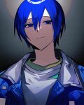  1boy blue_eyes blue_hair empty_eyes highres jacket kaito_(vocaloid) male_focus project_sekai short_hair smile solo solo_a vivid_bad_squad_(project_sekai) vocaloid 