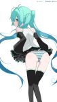  1girl absurdres clothes_lift donkichikin from_behind hatsune_miku highres kneehighs looking_at_viewer looking_back panties pantyshot ponytail simple_background skirt skirt_lift smile solo striped striped_panties twintails underwear vocaloid white_background 