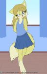  anthro barefoot blonde_hair blue_eyes bottomwear canid canine clothed clothing dipstick_tail eyewear feet female fox fuf fur glasses hair hi_res long_hair mammal markings polymorph shirt skirt solo tail_markings tank_top topwear yellow_body yellow_fur young 