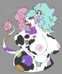  &lt;3 anthro big_breasts bovid bovine breasts cattle chubby_female ear_piercing ear_ring eyes_closed female fur grey_background hair hands_on_hips lotty_(charliecorvinus) mammal multicolored_body multicolored_fur multicolored_hair ninnasaurio piercing pubes simple_background smile solo 