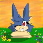  2022 absurd_res asvinkart-34 blue_body blue_fur blush digital_drawing_(artwork) digital_media_(artwork) ember_the_typhlosion evening female feral flower flower_petals fur hi_res nintendo petals plant pok&eacute;mon pok&eacute;mon_(species) red_eyes smile smiling_at_viewer solo typhlosion video_games 