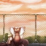  2014 anthro belly big_belly bottomwear canid canine canis cellphone clothing detailed_background domestic_dog duo headphones humanoid_hands kemono male mammal outside pants phone shirt sitting smartphone topwear ursid zen_(kemono_artist) 