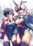  2boys absurdres animal_costume animal_ears bakugou_katsuki bangs black_leotard blonde_hair blush boku_no_hero_academia breath bunny_costume costume cowboy_shot eye_mask freckles green_eyes green_hair green_leotard highleg highleg_leotard highres jacket leotard male_focus midoriya_izuku multiple_boys necktie pectoral_cleavage pectorals playboy_bunny rabbit_ears rabbit_tail rain red_eyes short_hair short_necktie signature skin_tight spiked_hair tail thighhighs twitter_username umbrella v-shaped_eyebrows wing_collar yazakc 