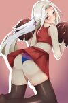  1340smile 1girl absurdres alternate_costume ass blue_panties cheerleader edelgard_von_hresvelg fire_emblem fire_emblem:_three_houses highres kneeling long_hair looking_back midriff panties pantyshot pom_pom_(cheerleading) purple_eyes shirt skirt sleeveless solo tank_top thighhighs underwear upskirt white_shirt 